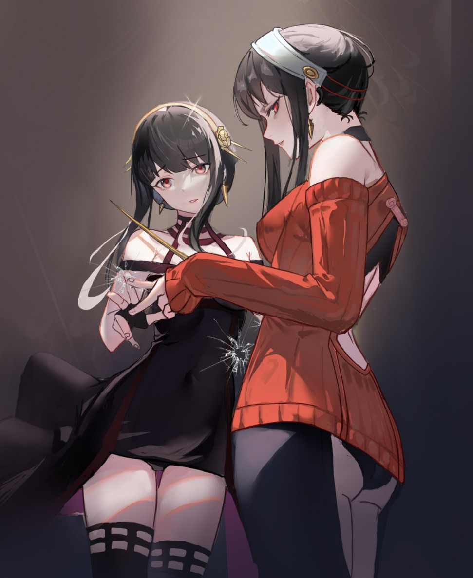 yande.re 958318 sample ass dress duzizai no_bra pantsu skirt_lift spy_x_family sweater thighhighs thong weapon yor_briar.jpg