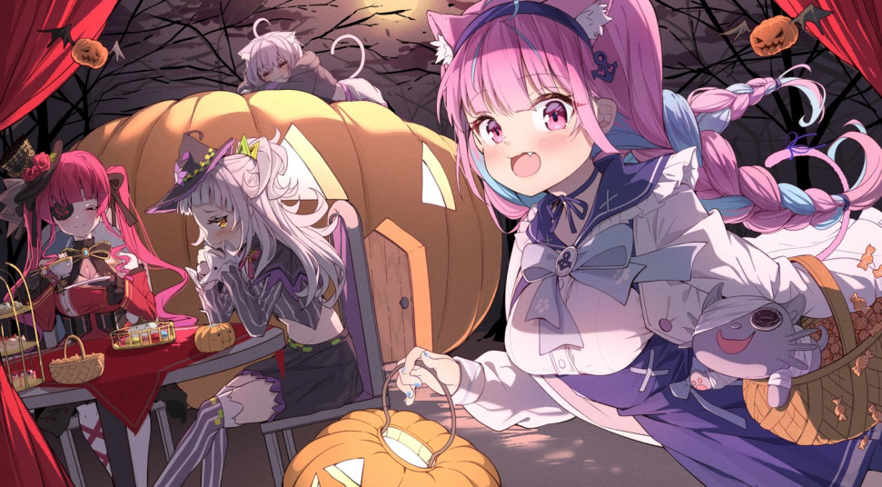 yande.re 704008 sample animal_ears cleavage eyepatch halloween hololive lolita_fashion minato_aqua murasaki_shion nekomata_okayu nekomimi seifuku tail thighhighs witch.jpg