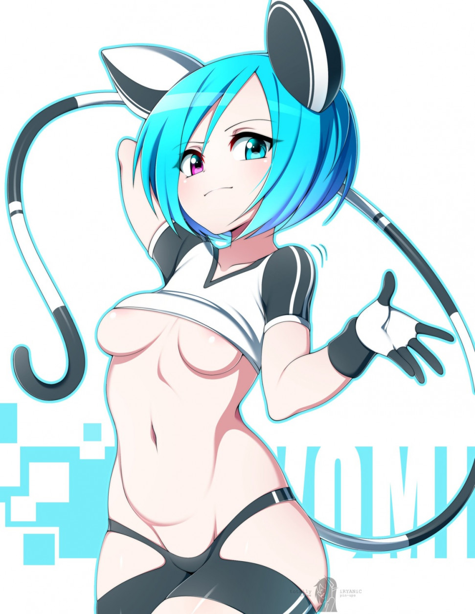 yande.re 989751 sample animal_ears areola bike_shorts breasts gym_uniform heterochromia nekomimi no_bra nopan shirt_lift slugbox tail.jpg