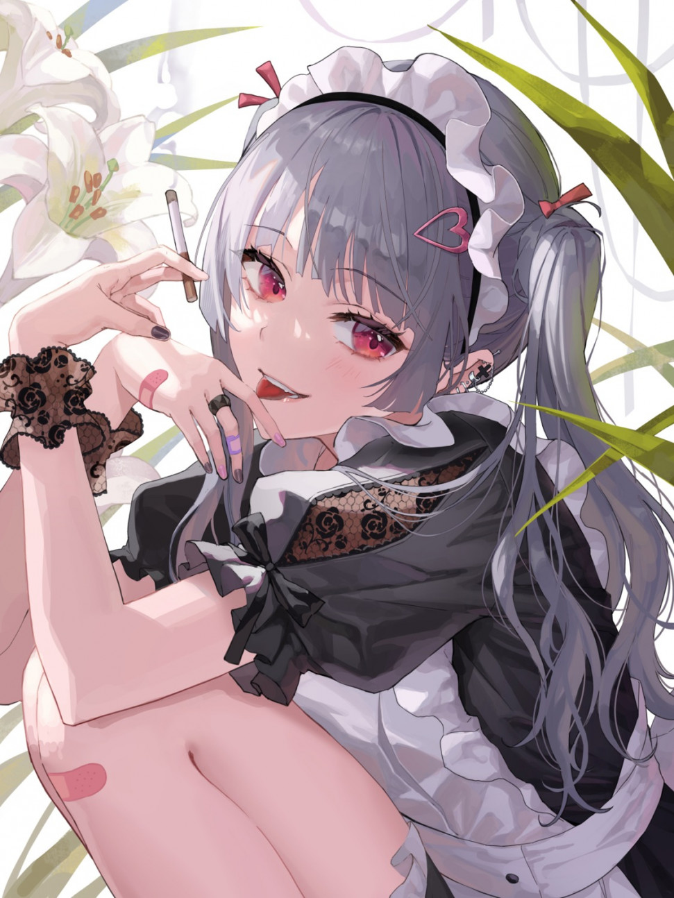 yande.re 1013918 sample bandaid fishnets maid okuma_mai see_through smoking.jpg