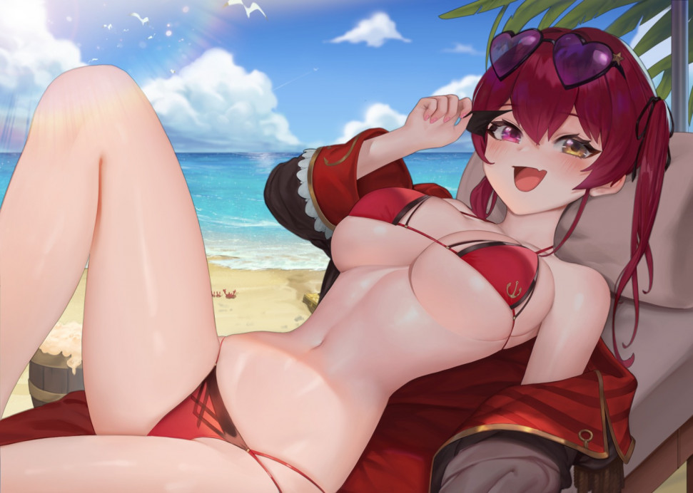 yande.re 1014627 sample bikini eyepatch guurang heterochromia hololive houshou_marine megane open_shirt swimsuits.jpg