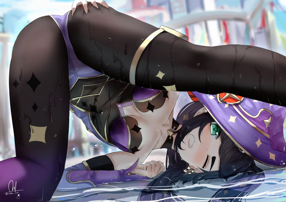 yande.re 709648 sample genshin_impact mona_(genshin_impact) nvl tagme wet.jpg