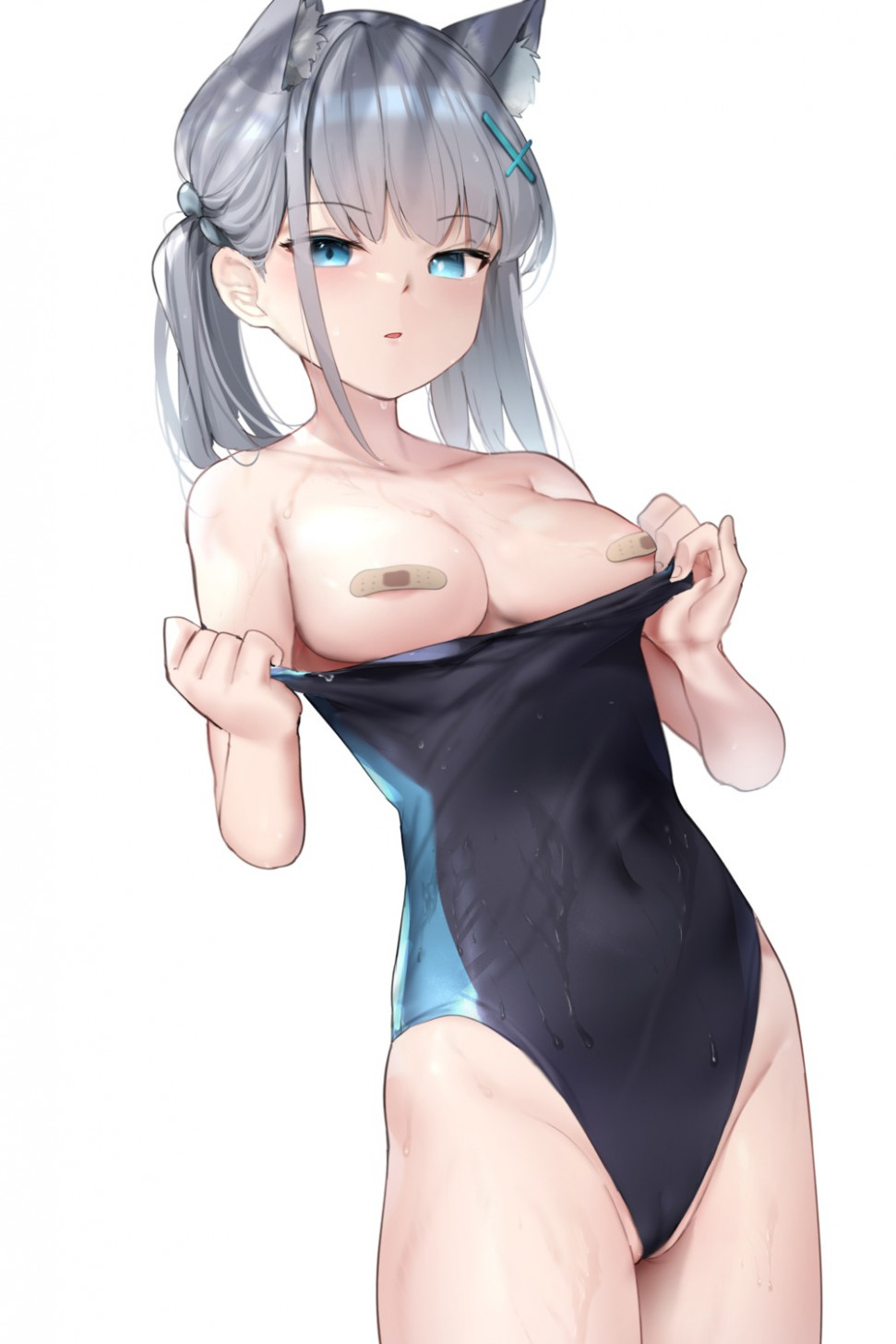 yande.re 993606 sample animal_ears areola bandaid blue_archive breasts cameltoe nekomimi pasties somray sunaookami_shiroko swimsuits undressing.jpg