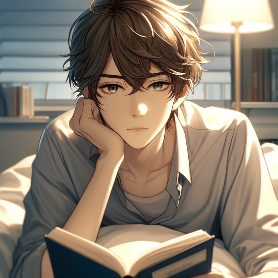 1_DALL·E 2024-03-29 01.44.13 - A male student with slightly wavy hair, lounging on a bed and emotionlessly gazing at a book he's holding while sitting at a desk. Center his face in .jpg