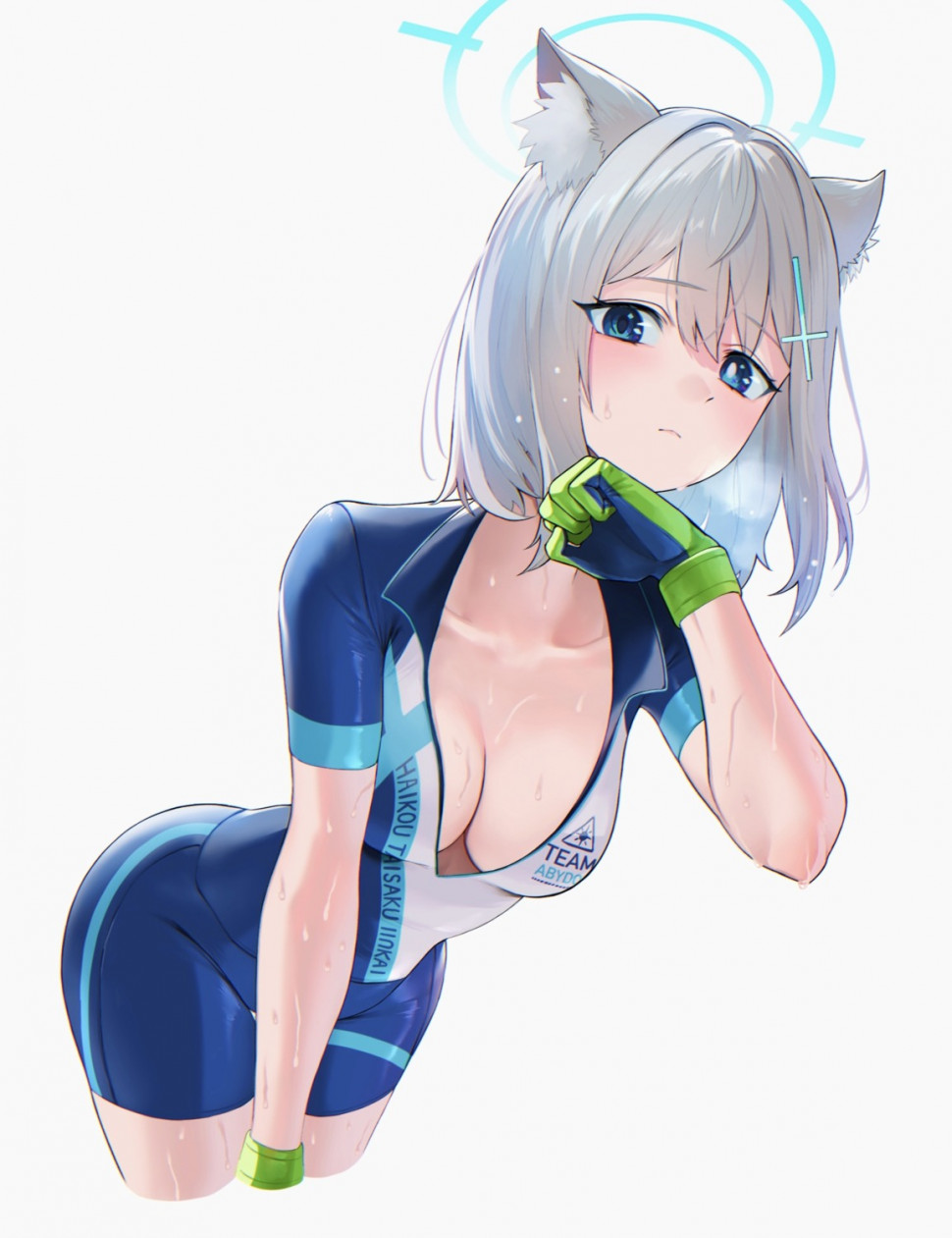 yande.re 1011631 sample angel animal_ears bike_shorts blue_archive kazane-wind nekomimi no_bra open_shirt sunaookami_shiroko.jpg