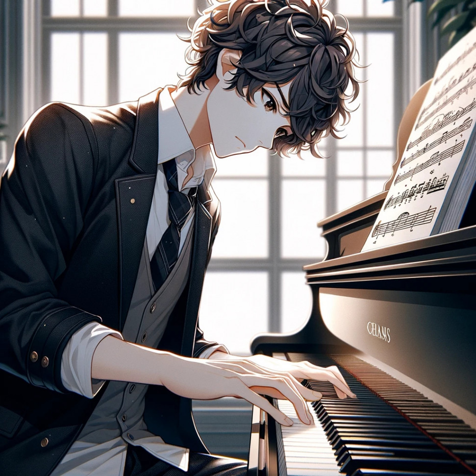 1_DALL·E 2024-03-29 01.57.09 - A curly-haired male student from the initial description is now seated at a piano, playing it. His focus is intense as he reads the music sheet in fro.jpg