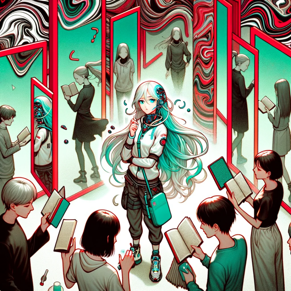 DALL·E 2023-12-13 11.22.29 - Create a manga-style illustration with a virtual idol who has long, flowing teal hair and a futuristic outfit, standing thoughtfully at the center. Sh.png : 葦ですか。／初音ミク (갈대입니까? / 하츠네 미쿠)